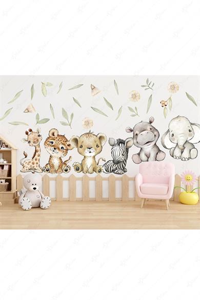 Sevimli Safari Hayvanları ve Yeşil Yapraklar Çocuk Bebek Odası Cam Duvar Sticker Seti
