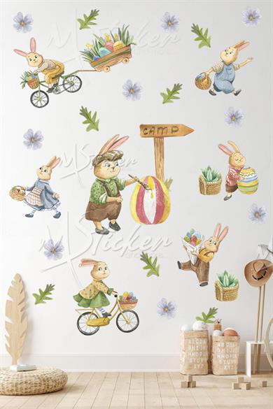 Sevimli Tavşan Ailesi Sticker Seti, Eğlenceli Tavşanlar Ağaçlar ve Çiçekler Çocuk Bebek Odası Stick