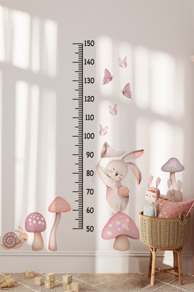 Sevimli Tavşan Boy Ölçer Duvar Sticker Seti 29 Parça | Çocuk Odası Boy Cetveli | Pastel Pembe Tavşan