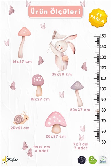 Sevimli Tavşan Boy Ölçer Duvar Sticker Seti 29 Parça | Çocuk Odası Boy Cetveli | Pastel Pembe Tavşan