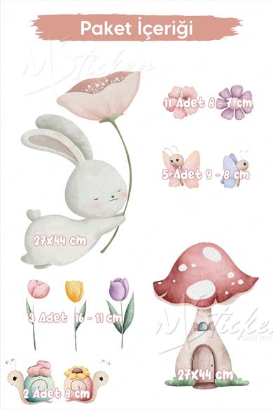 Sevimli Tavşan ve Arkadaşları - Bahar Temalı Eğlenceli Çocuk Bebek Odası Sticker Seti