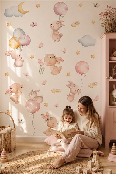 Sevimli Tavşanlar Duvar Sticker Seti 64 Parça | Çocuk Odası, Bebek Odası Dekorasyonu