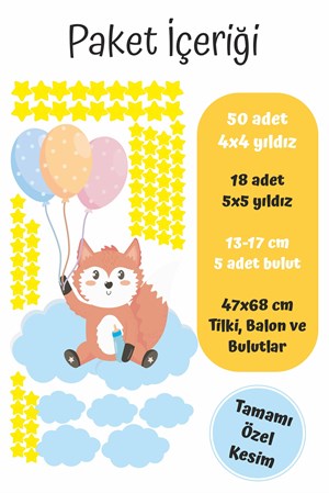 Sevimli Tilki Bulutlar ve Yıldızlar Çocuk Bebek Odası Sticker