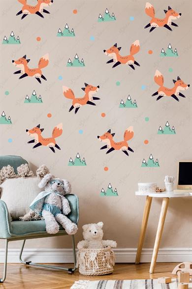 Sevimli Tilki ve Figürler Çocuk Bebek Odası Duvar Sticker Seti