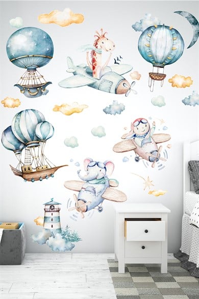 Sevimli Uçan Balonlar Bulutlar Ve Hayvanlar Çocuk Bebek Odası Sticker Seti