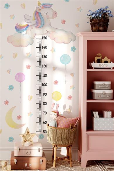 Sevimli Unicorn ve Rengarenk Figürler Temalı Boy Ölçer Boy Cetveli Sticker Seti Çocuk Çiçekli Yıldız