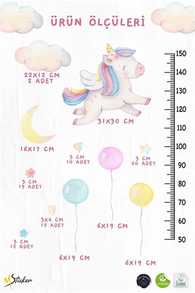 Sevimli Unicorn ve Rengarenk Figürler Temalı Boy Ölçer Boy Cetveli Sticker Seti Çocuk Çiçekli Yıldız