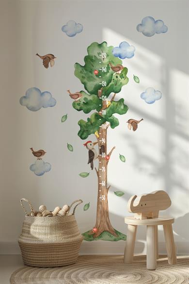 Sevimli Orman Hayvanları ve Ağaç Figürlü Boy Ölçer Sticker Seti Boy Cetveli Sticker