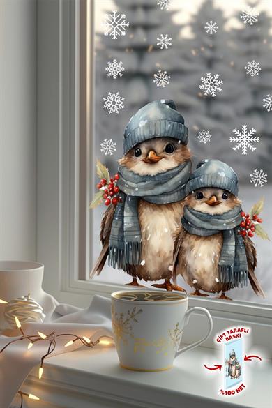 Sevimli Yılbaşı Yeni Yıl Kuşları ve Kar Taneleri Sticker Seti, Çift Taraflı Yılbaşı Cam Sticker Seti