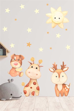 Sevimli Zürafa,Köpek,Geyik Ve Yıldızlar Çocuk Bebek Odası Sticker