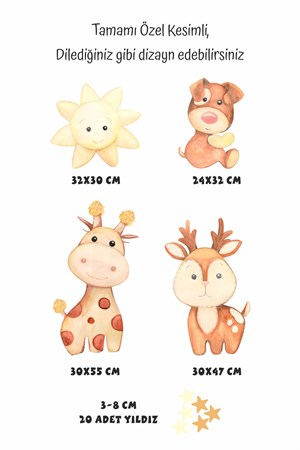 Sevimli Zürafa,Köpek,Geyik Ve Yıldızlar Çocuk Bebek Odası Sticker