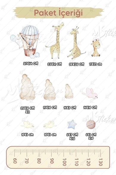 Sevimli Zürafalar Boy Cetveli Seti, Çocuk Bebek Odası, Hastane Boy Cetveli Sticker Seti