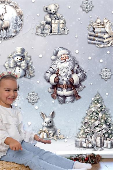 Silver Yılbaşı Seti, Yeni Yıl Yılbaşı Kış Konseptli Yılbaşı Süsü Sticker Seti Noel Baba Ağaçlar