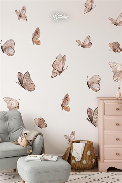 Soft Kahve Tonlarda Kelebekler Çocuk Bebek Odası Salon Duvar Cam Dolap Sticker Seti