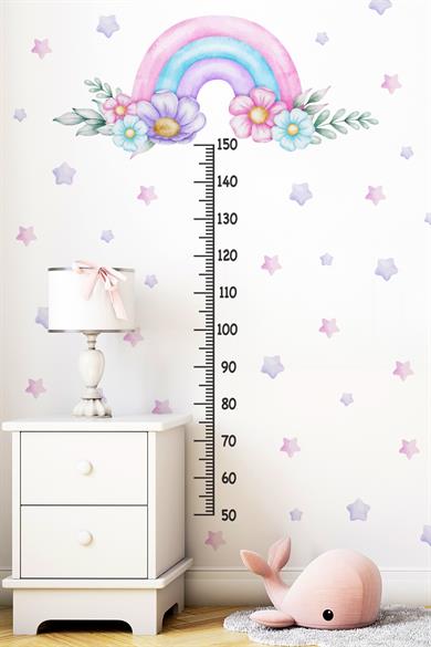 Soft Pembe Renklerde Gökkuşağı Çiçekler ve Yıldızlar Temalı Boy Ölçer Boy Cetveli Sticker Seti Çocuk