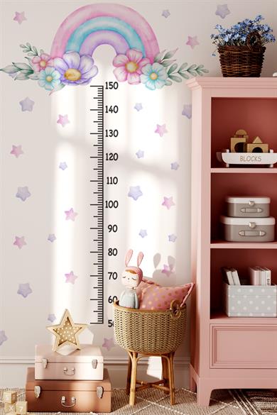 Soft Pembe Renklerde Gökkuşağı Çiçekler ve Yıldızlar Temalı Boy Ölçer Boy Cetveli Sticker Seti Çocuk