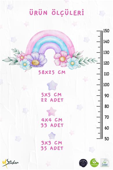 Soft Pembe Renklerde Gökkuşağı Çiçekler ve Yıldızlar Temalı Boy Ölçer Boy Cetveli Sticker Seti Çocuk