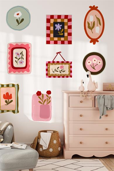 Soft Renkler Pastoral Çerçeve Duvar Sticker Seti – 10 Parça Pastel Bahar Temalı Dekoratif Stickerlar