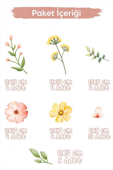 Soft Renklerde Çiçekler ve Yapraklar Duvar Cam Sticker Seti