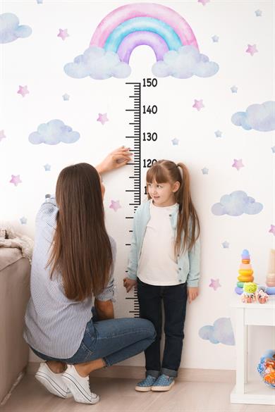 Soft Renklerde Gökkuşağı Güneş Bulut ve Yıldızlar Temalı Boy Ölçer Boy Cetveli Sticker Seti Çocuk