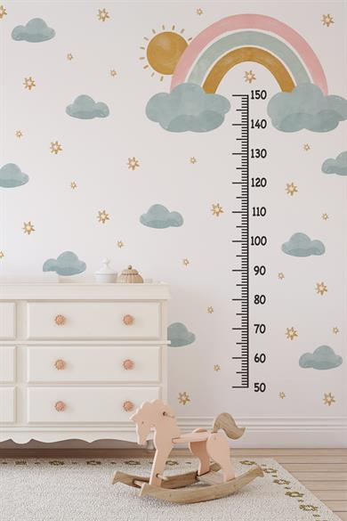 Soft Renklerde Gökkuşağı Güneş Bulut ve Yıldızlar Temalı Boy Ölçer Boy Cetveli Sticker Seti Çocuk