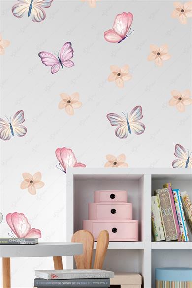 Soft Renklerde Kelebekler ve Çiçekler Çocuk Bebek Odası Cam Duvar Sticker Seti