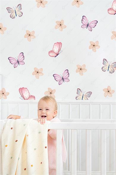 Soft Renklerde Kelebekler ve Çiçekler Çocuk Bebek Odası Cam Duvar Sticker Seti