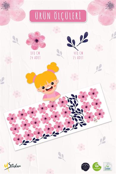 Soft Renklerde Pembe Çiçekler ve Yapraklar Dekoratif Sticker Seti Duvar Kağıdı Görünümlü Sticker