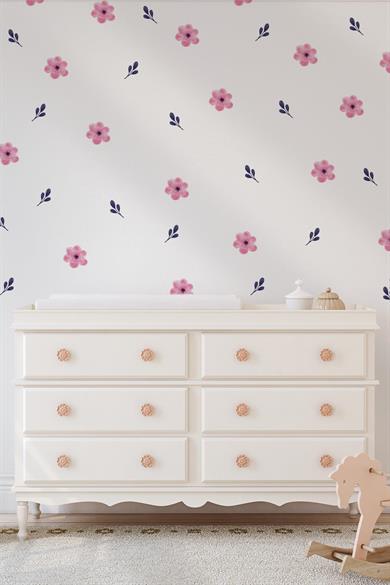 Soft Renklerde Pembe Çiçekler ve Yapraklar Dekoratif Sticker Seti Duvar Kağıdı Görünümlü Sticker
