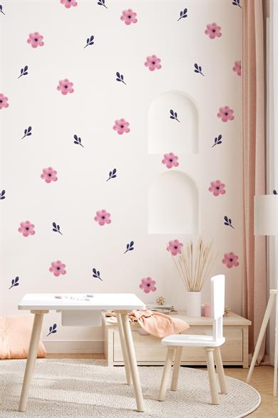 Soft Renklerde Pembe Çiçekler ve Yapraklar Dekoratif Sticker Seti Duvar Kağıdı Görünümlü Sticker