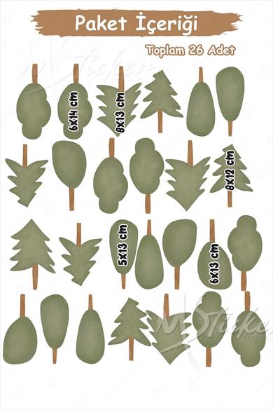 Soft Renklerde Sevimli Ağaçlar Çocuk Bebek Odası Cam Duvar Sticker Seti , Özel Çizim Ağaçlar Sticker
