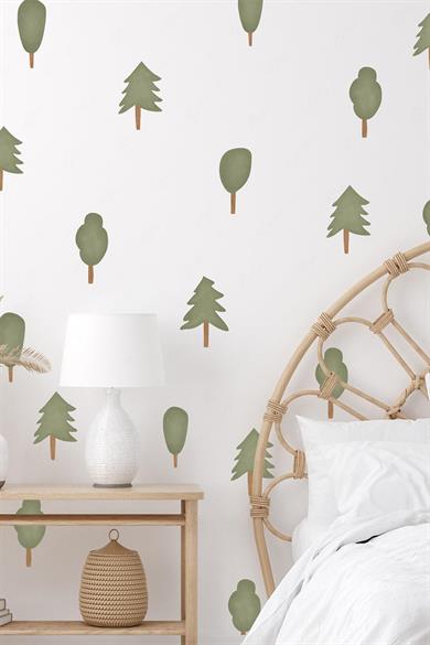 Soft Renklerde Sevimli Ağaçlar Çocuk Bebek Odası Cam Duvar Sticker Seti , Özel Çizim Ağaçlar Sticker