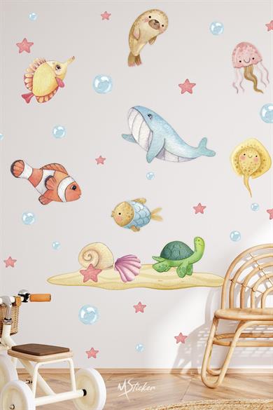 Soft Renklerde Sevimli Hayvanlar Çocuk Bebek Odası Sticker Seti, Sevimli Deniz Okyanus Hayvanları