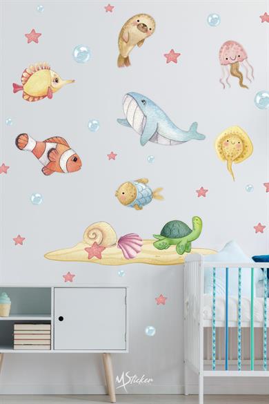 Soft Renklerde Sevimli Hayvanlar Çocuk Bebek Odası Sticker Seti, Sevimli Deniz Okyanus Hayvanları