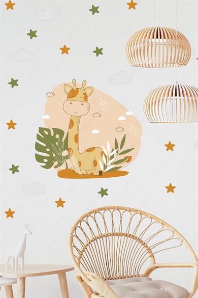 Soft Renklerde Sevimli Zürafa ve Yıldızlar Çocuk Odası Sticker Seti