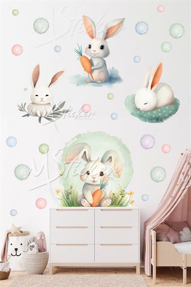Soft Renklerde Tavşanlar ve Puantiyeler Çocuk Bebek Odası Cam Duvar Dolap Sticker Seti 