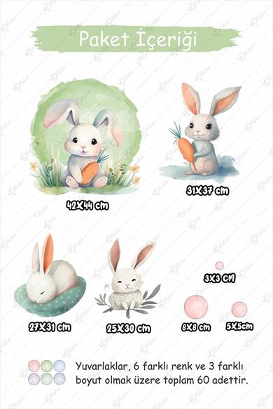 Soft Renklerde Tavşanlar ve Puantiyeler Çocuk Bebek Odası Cam Duvar Dolap Sticker Seti 