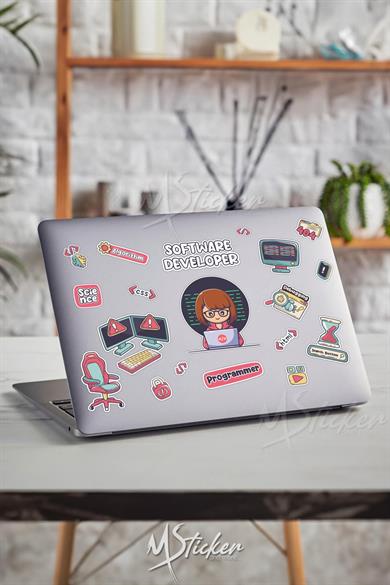 Software Developer Temalı Laptop Telefon Termos Kask Motor Ayakkabı Defter Ajanda Sticker Seti