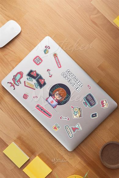 Software Developer Temalı Laptop Telefon Termos Kask Motor Ayakkabı Defter Ajanda Sticker Seti