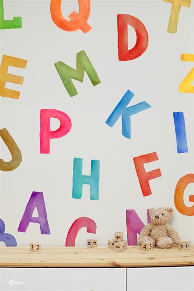 Suluboya Desenli İngilizce Alfabe Harfleri Okul Kreş Anaokulu Çocuk Odası Duvar Cam Sticker Seti