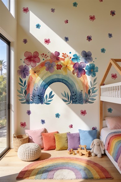 Suluboya Gökkuşağı Çiçekli Duvar Stickerı | 70 Parça Büyük Boy Çocuk Bebek Odası Duvar Süsü | Rainbow