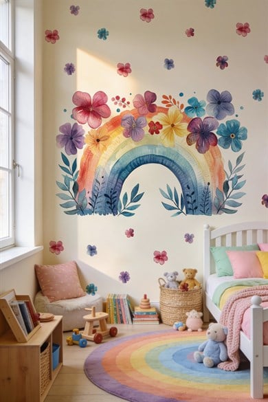 Suluboya Gökkuşağı Çiçekli Duvar Stickerı | 70 Parça Büyük Boy Çocuk Bebek Odası Duvar Süsü | Rainbow