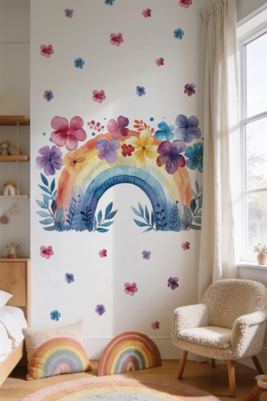 Suluboya Gökkuşağı Çiçekli Duvar Stickerı | 70 Parça Büyük Boy Çocuk Bebek Odası Duvar Süsü | Rainbow