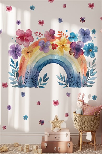 Suluboya Gökkuşağı Çiçekli Duvar Stickerı | 70 Parça Büyük Boy Çocuk Bebek Odası Duvar Süsü | Rainbow