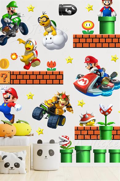 Super Mario ve Arkadaşları Sevimli Eğlenceli Çocuk Odası Cam Duvar Sticker Seti Büyük Boy