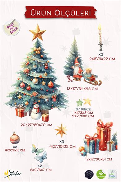 Süslü Yılbaşı Ağacı Hediye Paketleri Yıldızlar Çam Ağacı Yeni Yıl Hediyesi Yılbaşı Süsü Cam Duvar Sticker Seti