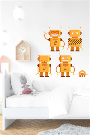 Turuncu Robot Adamlar Sticker Seti-Çocuk Bebek Odası Sticker