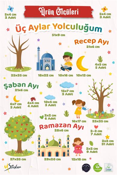 Üç Aylar Yolculuğum Sticker Seti | Recep – Şaban – Ramazan Ayı | Çift Taraflı Cam Duvar Sticker