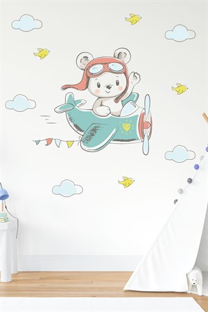 Uçakta Uçan Ayıcık Soft Renklerde Çocuk Odası Sticker