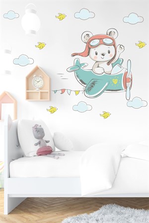 Uçakta Uçan Ayıcık Soft Renklerde Çocuk Odası Sticker